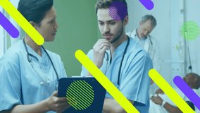 Nurse explaining patient data on digital clipboard, with animated overlay highlighting care plan. Medical staff, teamwork, healthcare, medical technology, clinical environment, professionalism, - Powered by Shutterstock - Get 15% off with code: PIKWIZARD15