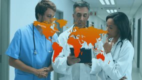 Medical team pointing at holographic world map after tablet scrolling, showing global health data. Healthcare, collaboration, technology, innovation, data, professionalism, analytics - Powered by Shutterstock - Get 15% off with code: PIKWIZARD15