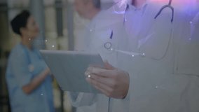 Doctor tapping tablet reviewing patient data in hospital corridor, animated overlays sweeping scene. Medical, technology, healthcare, innovation, collaboration, professional, digital - Powered by Shutterstock - Get 15% off with code: PIKWIZARD15