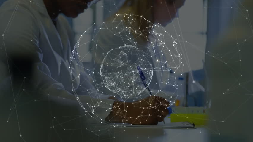 Globe overlay appearing to show data as chemist taking notes and researcher inspecting beaker. Research, collaboration, innovation, sustainability, analytical, technology, science - Powered by Shutterstock - Get 15% off with code: PIKWIZARD15