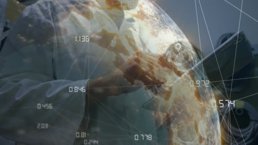 Male technician tapping tablet and rotating 3D globe showing technology metrics for analysis. Technology, innovation, data visualization, digital interface, engineering, connectivity, futuristic - Powered by Shutterstock - Get 15% off with code: PIKWIZARD15