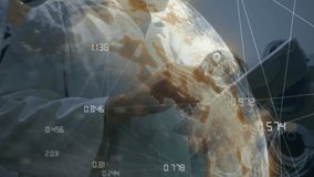 Male technician tapping tablet and rotating 3D globe showing technology metrics for analysis. Technology, innovation, data visualization, digital interface, engineering, connectivity, futuristic - Powered by Shutterstock - Get 15% off with code: PIKWIZARD15