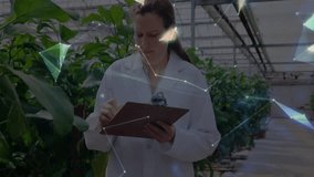 Female scientist jotting plant data in greenhouse agriculture, forming rotating overlay globe. Botanical, innovation, technology, sustainability, research, digital, environmental - Powered by Shutterstock - Get 15% off with code: PIKWIZARD15