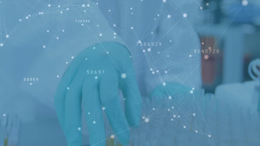 Lab scientist handling test samples while camera pulling back and network overlay showing analysis. Biotech, research, innovation, precision, science, digital, laboratory - Powered by Shutterstock - Get 15% off with code: PIKWIZARD15