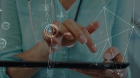 Doctor tapping tablet revealing stethoscope browsing patient data with animated network charts. Healthcare, technology, innovation, telemedicine, data analysis, digital interface, medical profession - Powered by Shutterstock - Get 15% off with code: PIKWIZARD15