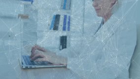 lab expert pressing keys, typing on laptop while digital network overlay illustrating data analysis. Professional, office, technology, focus, concentration, communication, innovation - Powered by Shutterstock - Get 15% off with code: PIKWIZARD15