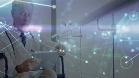 Doctor in wheelchair tapping tablet, accessing glowing network nodes and verifying data in corridor. Medical, healthcare, digital, technology, professionalism, innovation, futurism - Powered by Shutterstock - Get 15% off with code: PIKWIZARD15