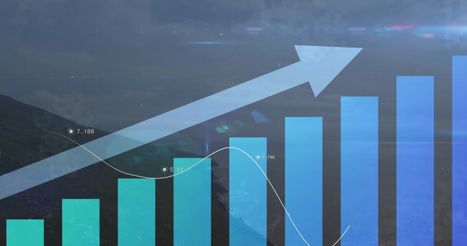 Bars rising, arrow climbing upward while trend line waving, labels updating showing upward momentum. Monochrome, abstract, visualization, analytics, growth, progress, chart