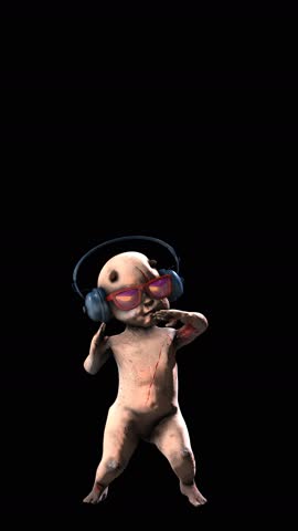 Seamless vertical video of a zombie devil baby doll dancing with headphones isolated with copyspace. Terror creepy demon monster character for Halloween background.
