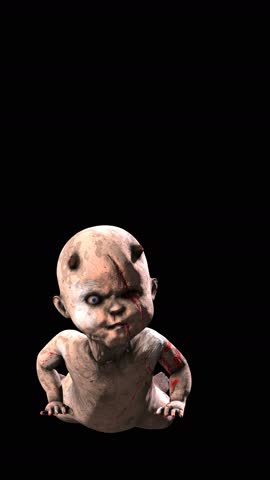 Seamless vertical video of a zombie devil baby doll crawling isolated with copyspace. Terror creepy demon monster character for Halloween background.