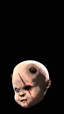 Seamless vertical video of a zombie devil baby doll head isolated with copyspace. Terror creepy demon monster character for Halloween background.