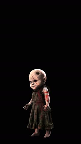 Seamless vertical video of a zombie devil baby doll isolated with copyspace. Terror creepy demon monster character for Halloween background.