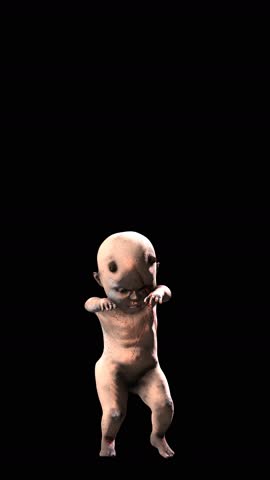 Seamless vertical video of a zombie devil baby doll walking isolated with copyspace. Terror creepy demon monster character for Halloween background.