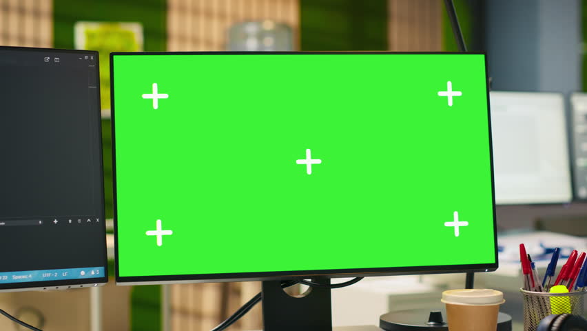 Empty startup office with green screen PC and artificial intelligence program running on monitors. Mockup computer display in AI industry startup workspace leveraging machine learning technology