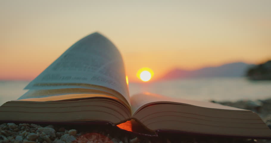 Pages of open book flipping in sea breeze during colorful sunset in summer