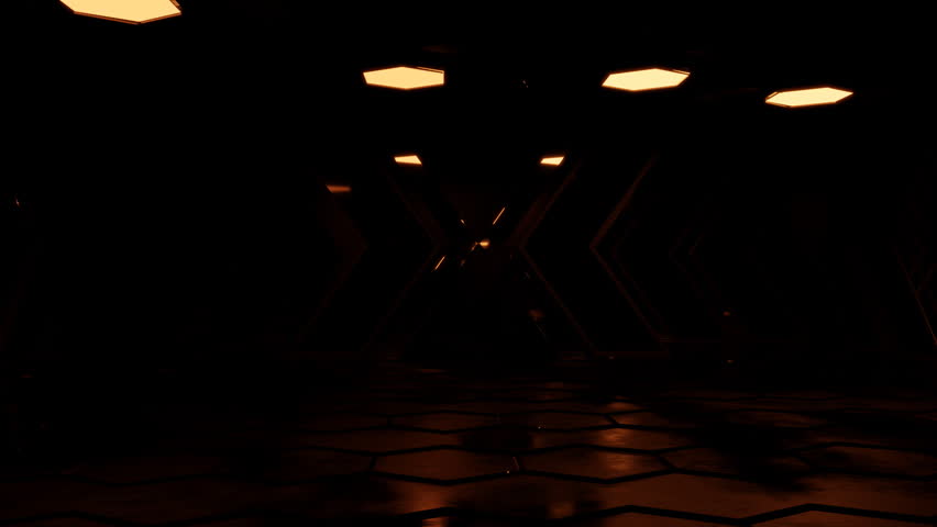 cyberpunk hall with neon directional elements and hexagonal ceiling