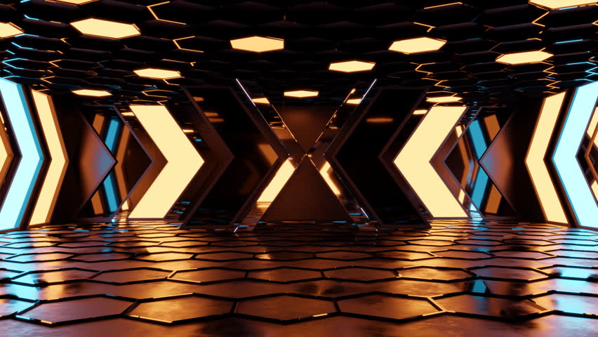 cyberpunk hall with neon directional elements and hexagonal ceiling
