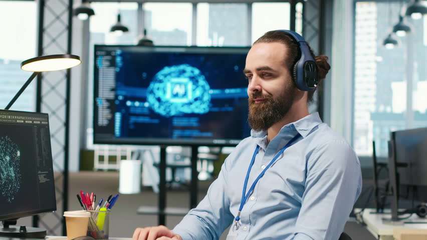 Programmer testing generative AI machine learning algorithms and listening music at work. IT expert wearing headphones scaling productivity with AI large language model written code, camera A