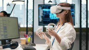 Female technician wearing VR goggles coding with AI language model assistance in startup office. Young woman using virtual reality integrating LLM assistant suggestions into code editor, camera A - Powered by Shutterstock - Get 15% off with code: PIKWIZARD15