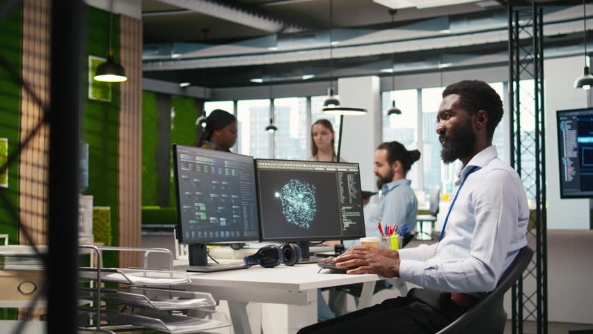 Programmer optimizing performance using AI LLM chatbot recommendations. African american worker uses artificial intelligence assistant to convert manual workflows into automated scripts, camera A