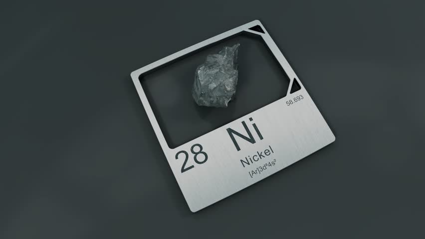 Natural nickel mineral displayed with periodic table information, highlighting its industrial and historical significance.