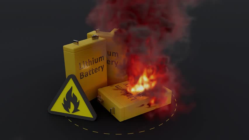 Illustration of a hazardous lithium battery with fire risk, emphasizing safety and industry concerns.