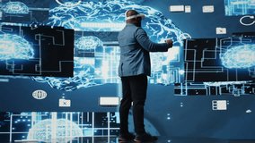 Young african american engineer focused on VR headset programming and analytics, surrounded by neural networks systems and AI data visualization. Innovation and cybernetics. Camera A. - Powered by Shutterstock - Get 15% off with code: PIKWIZARD15