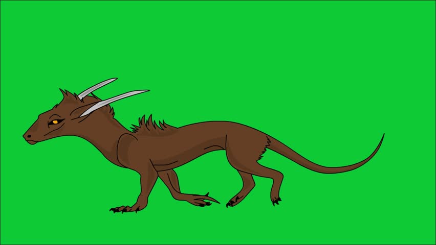 A mysterious 2D animated brown fantasy creature gracefully walks in a continuous loop on a vibrant green screen, perfect for easy chroma keying