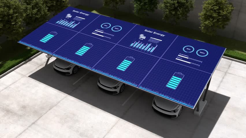 Solar powered parking lot with EV charger, Green energy vehicle charging station
