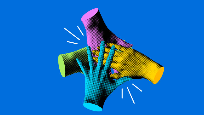 Teamwork concept. Colleagues folding their hands together. Modern collage with bunch of peoples hands. Pile of arms folded on top of each other. Friendship and togetherness. Team spirit. Animation