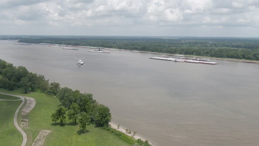 An aerial view of the Mississippi river, levee park trails, and city of Donaldsonville, Louisiana.