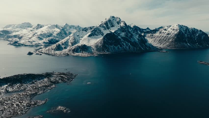 Winter Landscape In The Lofoten Islands In Norway. - aerial shot
