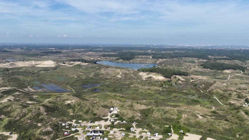 Zuid Kennemerland National Park, dunes, nature reserve, The Netherlands. Aerial video.