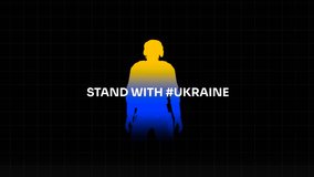 Silhouette of a soldier in Ukrainian flag colors with bold “Stand With #Ukraine” text. A striking symbol of support, resistance, and national pride on a dark grid background. - Powered by Shutterstock - Get 15% off with code: PIKWIZARD15