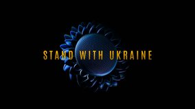 Stand With Ukraine — 3D animation loop of an blue iridescent metallic sunflower with yellow text on black background. Symbol of Ukrainian solidarity, anti-war message, and peace support. - Powered by Shutterstock - Get 15% off with code: PIKWIZARD15