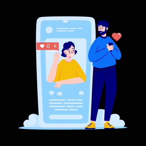 Animated male character giving likes sign on girl post. Social media interactions
