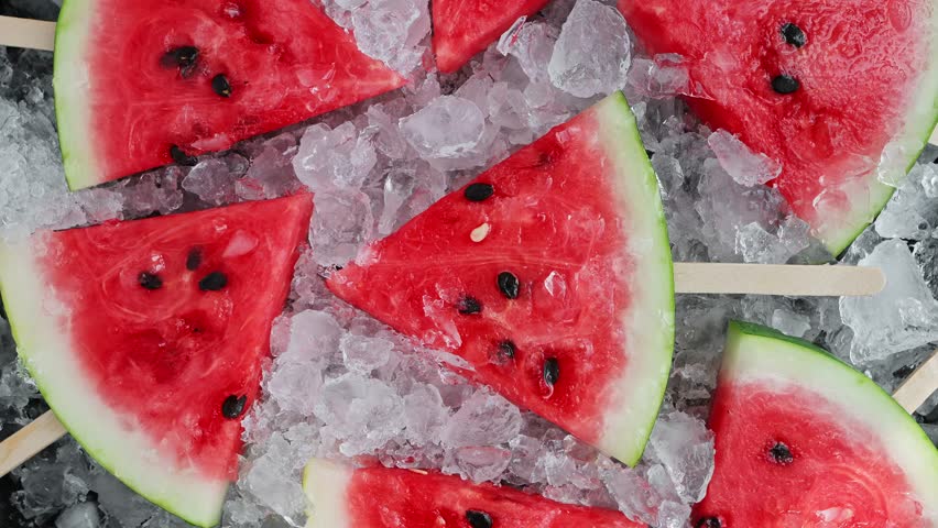 Fresh watermelon segments surrounded by transparent ice cubes rotate, cold juicy fruit, vegan summer snack, bright color, sweet hydration source, refreshing seasonal fruit concept for  nutrition