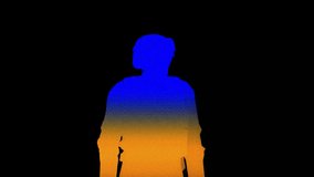 Seamless loop animation of silhouette of a soldier filled with Ukrainian flag colors in halftone texture. Support Ukraine message. - Powered by Shutterstock - Get 15% off with code: PIKWIZARD15