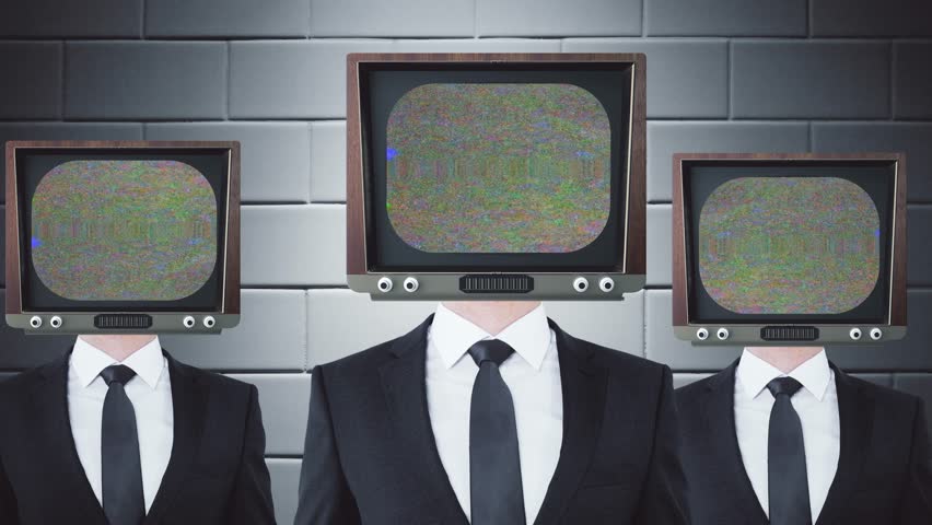 Retro TV headed businessmen. Analog TV VHS noise glitches. Retro old television isolated. Classic Vintage Retro Style television.
