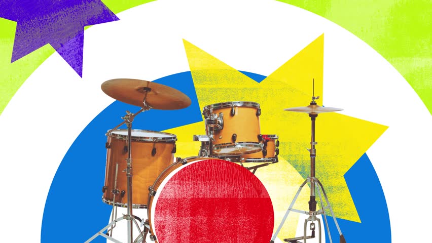 Animated ad. Drums stand powerful on colorful exploding stars background with energetic emotion. Concept of rhythm, percussion, music education, band promotion, and concert advertising.