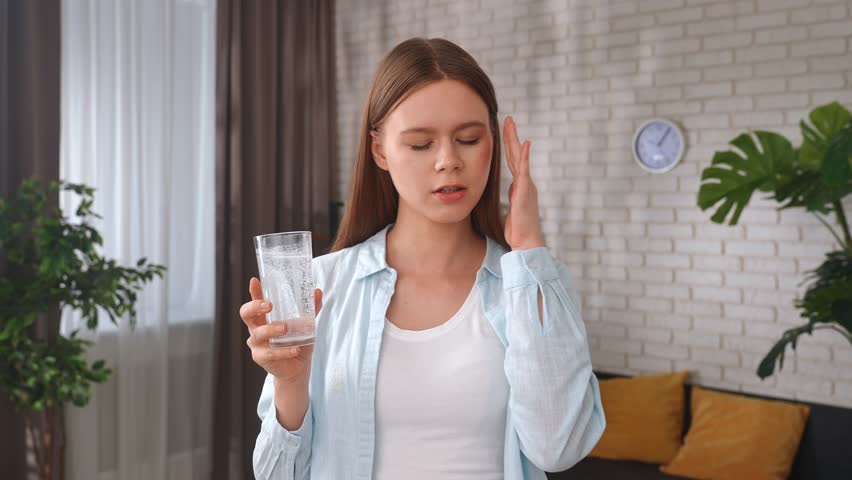 A woman suffering from a headache drinks water with an effervescent painkiller tablet. Young female taking pain medicine at home. The concept of health and self care.