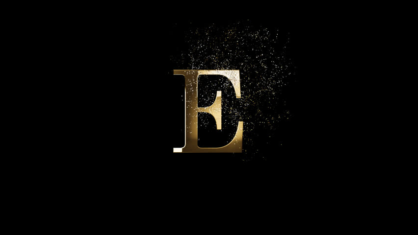 Golden letter E with golden particles and alpha channel, golden alphabet