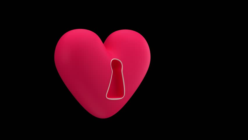 Animation of a red heart and rotating key over a transparent background, concept of an open heart during Valentine