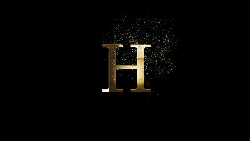 Golden letter H with gold particles and alpha channel, golden alphabet
