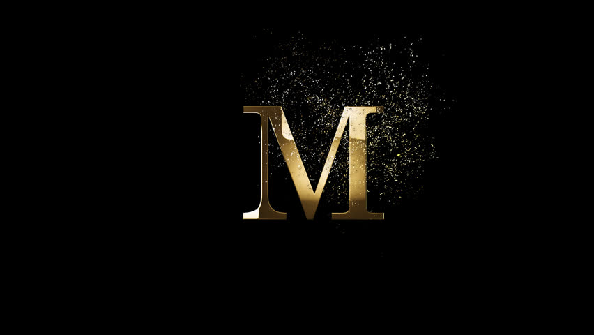 Golden letter M with gold particles and alpha channel, golden alphabet