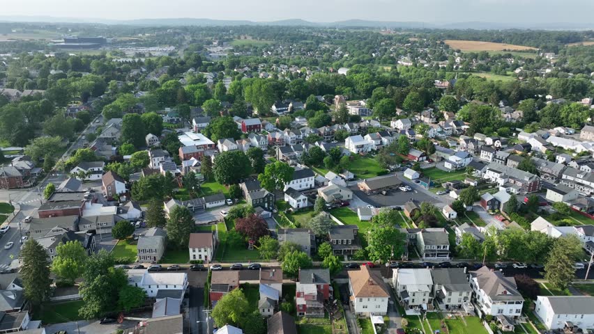 Panorama aerial view about the American suburban part of Lititz small town under a beautiful greenery environment, Pennsylvania, USA