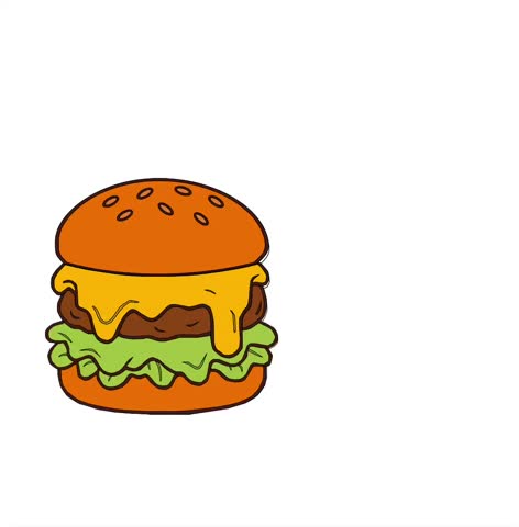 Burger Animation from Outline to Fill Color. Burger Color Reveal, Outline to Color Transformation Animation. Burger Drawing Bursts into Color. fast food motion.Doodle hamburger vector art pattern

