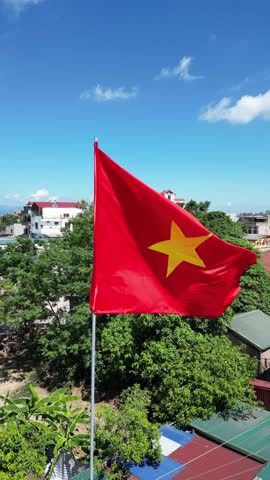 Aerial view of a red flag waving, Vietnam.