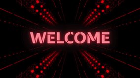 A glowing red 'Welcome' text flanked by geometric neon patterns, creating a dynamic and futuristic ambiance. - Powered by Shutterstock - Get 15% off with code: PIKWIZARD15