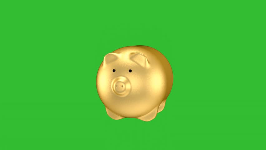 3d animation of a golden piggy bank on a green screen, appearance.  Online shopping concept. The concept of business and finance, the purchase of shares on the stock exchange.